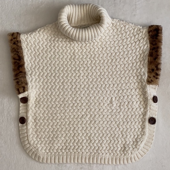 Aspen Kids | Leopard Faux Fur Trim Turtleneck Sweater Knit Poncho Cape (L 10/12) - Picture 16 of 16